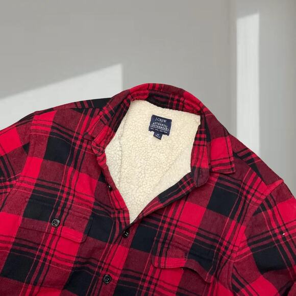 J.Crew Flannel Shirt – Red Buffalo Plaid Sherpa-Lined (Men’s M) - Picture 2 of 5